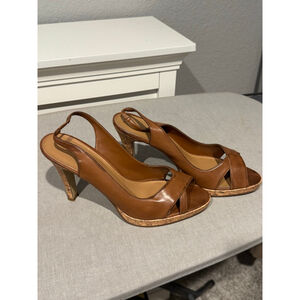 Women's FIONI “Luciana” Brown Cork Platform peep-toe Slingback Heels Size 10